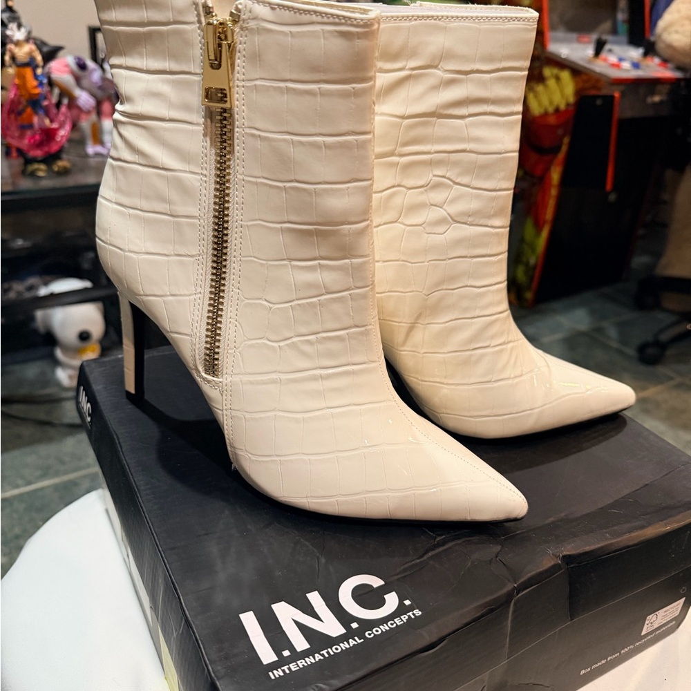 INC International Concepts Women's Croc-Embossed Cream Heeled Boots